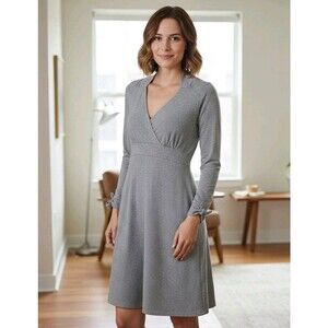 Athleta Gray Long Sleeve Empire Waist Dress Cotton Spandex Bow Cuff Size Small